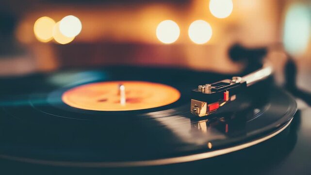 Close up of  vinyl record spinning on  turntable with warm bokeh lights in the distance