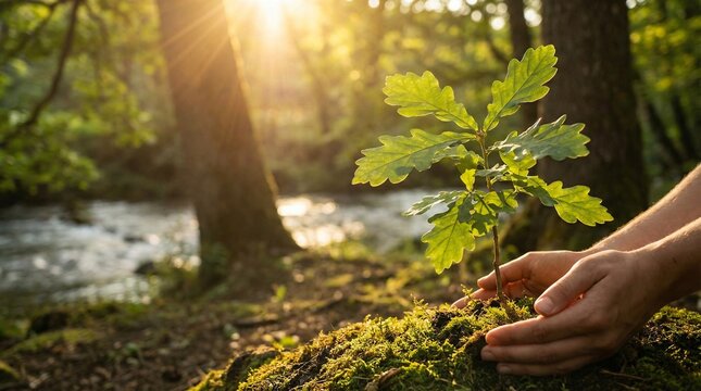 Hands gently holding a young oak sapling in a sunlit forest next to a flowing stream