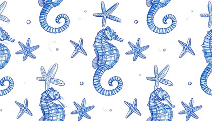 Seamless Watercolor Pattern of Blue Seahorses and Starfish.