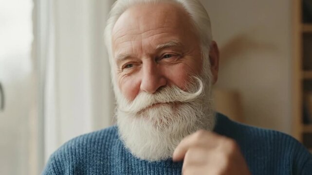 Elderly man with bad teeth and white beard portrait indoors with serious expression