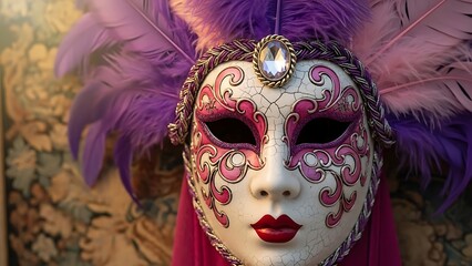 Elegant venetian mask with purple feathers illustration