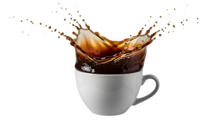 Coffee splash dynamic liquid movement in a white ceramic cup with flying droplets on a transparent background for cafe advertising and beverage design
