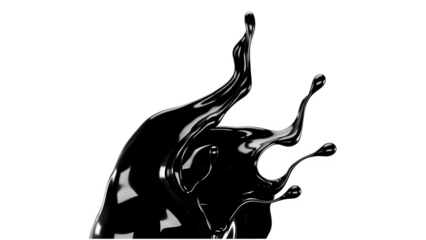 Black oil splash with glossy texture and dynamic fluid motion on transparent background for creative industrial or cosmetic design concepts