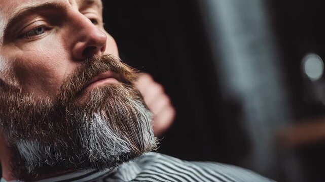 Professional barber giving precise beard trim in modern barbershop with focused customer care.