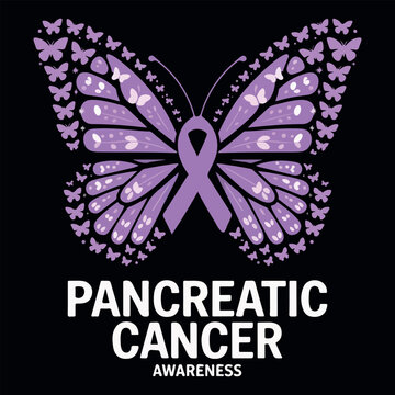 Pancreatic Cancer Awareness Purple Ribbon Butterfly Illustration. Pancreatic Cancer Awareness T-shirt Design with Purple Butterfly. Hope and Support Pancreatic Cancer Awareness Butterfly Illustration.