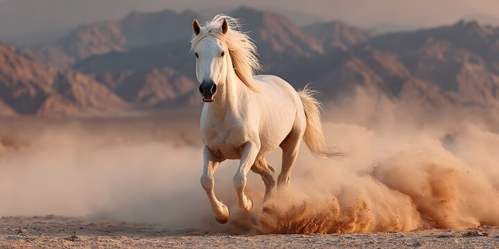 Majestic white stallion gallops furiously across a dusty desert landscape during golden hour, muscles tensed and mane flowing in wind.