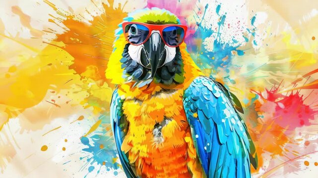 A vibrant parrot painted against a colorful background of splattered paint