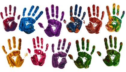 Colorful Handprints Collection Diverse Colors and Sizes Isolated on White Background.