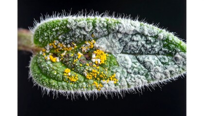Close-up of a fuzzy green leaf with yellow and white fungal growth.