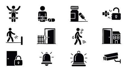 Essential glyph icons for security, surveillance, restriction, and healthcare scenarios, perfect for user interface applications and informational graphics