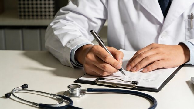 Doctor writing on clipboard in clinic - Powered by Adobe