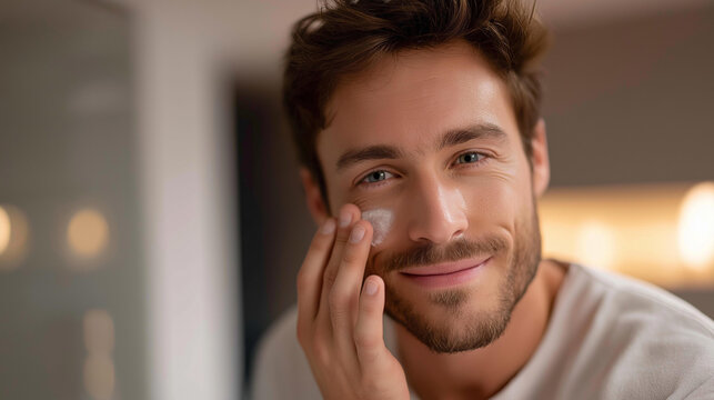 Faceless cheerful man with moisturizer cream on face in bathroom at home, male skincare, grooming routine, facial moisturizing, defocused person, with copy - Powered by Adobe