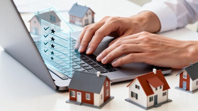 Hands typing on laptop with model houses - Powered by Adobe