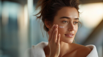 Faceless woman applying skincare cream in front of mirror, highlighting self-care and beauty routines indoors, cosmetic application, facial treatment, defocused person, with copy