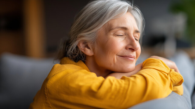 Faceless horizontal indoor portrait of happy elderly woman hugging herself giving support showing self-respect and love, sitting on couch with closed eyes in yellow shirt, human emotions body