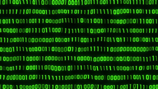 Retro 8-bit pixel style digital binary code glowing in neon green on a black background, suitable for technology visuals, hacking concepts, cyber themes, and futuristic video backgrounds