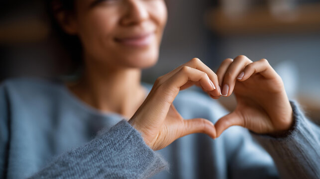 Faceless closeup of woman making heart shape for Valentines day Mothers day and Breast Cancer Awareness month for healthcare of international women day, defocused hands gesture, with copy