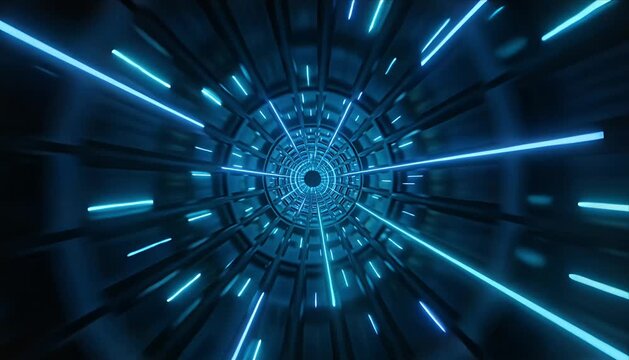 Futuristic tunnel technology sci fi science fiction blue neon glow light speed motion blur abstract digital background concept energy vortex depth dynamic perspective