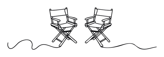 Simple continuous line drawing of two director chairs with elegant curving lines representing connection and movement, ideal for creative industry publications and entertainment related