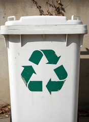 White recycling bin with green recycle symbol, outdoor shot