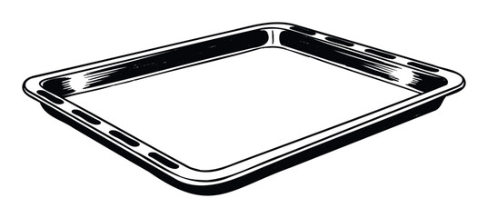 Black and white stylized drawing of an empty rectangular baking sheet, ideal for culinary websites, cooking instruction materials, or kitchenware product promotions.