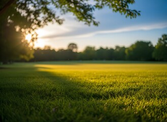 Golden Sunset Over Lush Green Field with Gentle Bokeh and Tree Silhouette
