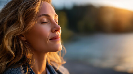 Obraz premium Faceless relaxed woman enjoying nature's calm, embracing mindful and healthy way of life, outdoor wellness, natural tranquility, defocused person, with copy