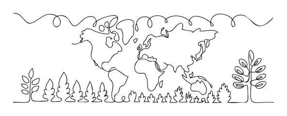 Continuous line drawing of a world map featuring diverse trees and foliage representing global ecological connections and environmental sustainability for educational or awareness media.