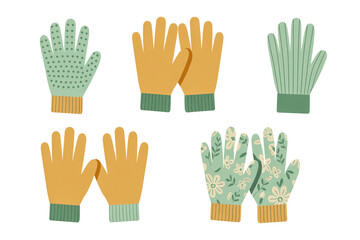 Fototapeta premium A flat, minimalist illustration of four pairs of gloves arranged in a 2x2 grid against a white background