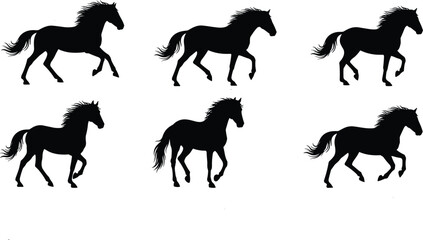 Collection of black horse silhouettes in various running and galloping poses isolated on white background for equine design and animal illustrations