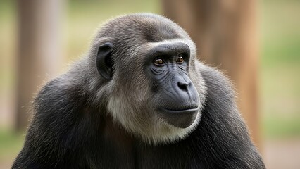 Obraz premium Adult Gorilla with Thick Gray Fur Sitting Outdoors in Natural Habitat