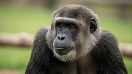 Obraz premium Adult Gorilla with Dark Fur and Prominent Facial Features in Natural Green Environment