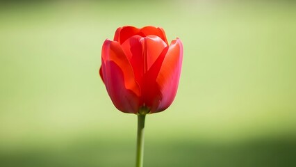 Red Tulip Flower with Bright Petals Standing in Soft Green Background