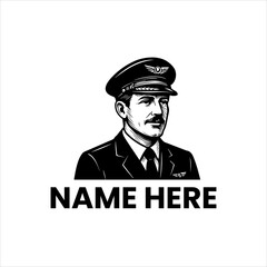 Professional Pilot Character Logo, Ideal for Aviation Companies and Flight Schools, Featuring a Distinguished Gentleman in Uniform with a Winged Cap and Mustache