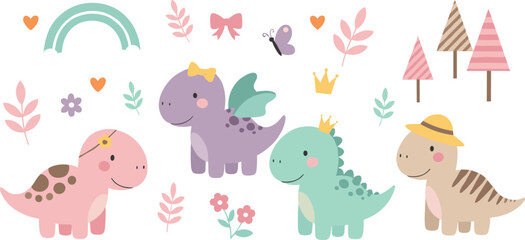 Obraz premium Cute pastel dinosaur illustration set with baby dinos crowns rainbow and flowers, playful prehistoric characters collection for kids nursery decor and cheerful flat vector designs