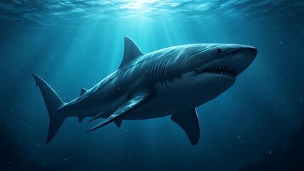 Obraz premium Great White Shark Swimming Underwater in Deep Ocean with Sunlight Rays