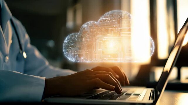Midlevel view of a professional accessing encrypted cloud storage on a sleek laptop ensuring photo file security