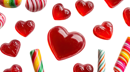 Flat lay of bright red heart-shaped gummy bears and rainbow lollipops for Valentine’s Day