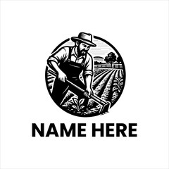 Naklejka premium Stylized depiction of a dedicated farmer diligently cultivating a field with a hoe, representing traditional agricultural methods, hard work, and the bounty of the earth