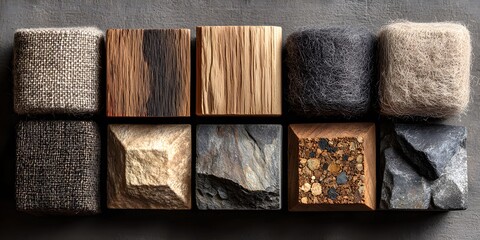 Neat arrangement of various material sample cubes including wood, felt, and stone in neutral tones shown in a macro interior design shot.