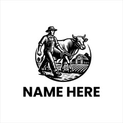 Naklejka premium Vintage-inspired black and white emblem featuring a hardworking farmer guiding his trusted cow through a plowed field with a rustic barn, representing agricultural heritage and rural life