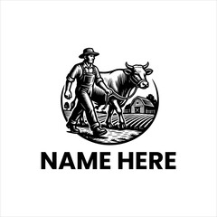 Naklejka premium Classic black and white illustration of a diligent farmer with his cattle, symbolizing traditional agriculture and sustainable farming practices in a rural setting, perfect for branding