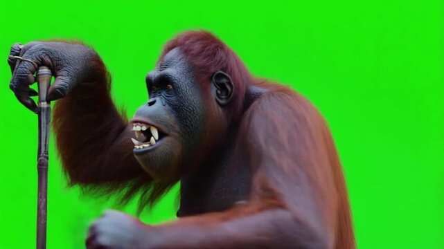 Aggressive Orangutan Holding a Stick Screaming on Green Screen