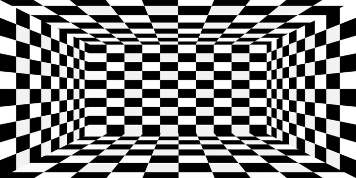 3D chess board textured room. Abstract perspective tunnel. Vector illustration.