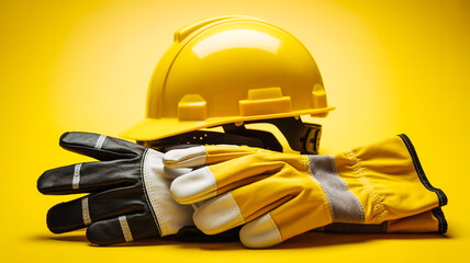 A product photography shot of construction safety equipment against a solid yellow background