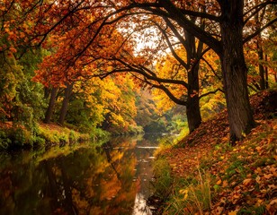 A serene river flows through a vibrant autumn forest, reflecting colorful foliage & trees lining the water