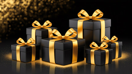 A product photography shot of luxury gift boxes against a dark black background with golden bokeh effects