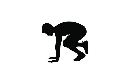 A black silhouette of a person crouching in a sprinters starting position on white background