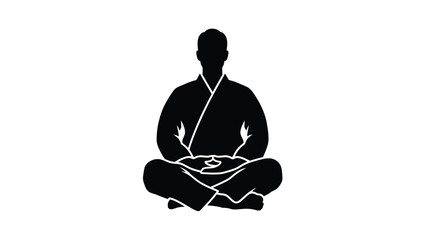 A serene man in a meditative pose sitting cross legged the floor in a simple robe on white background