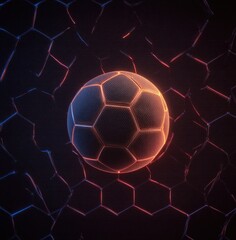 Futuristic soccer ball on abstract hexagonal grid with vibrant glowing edges